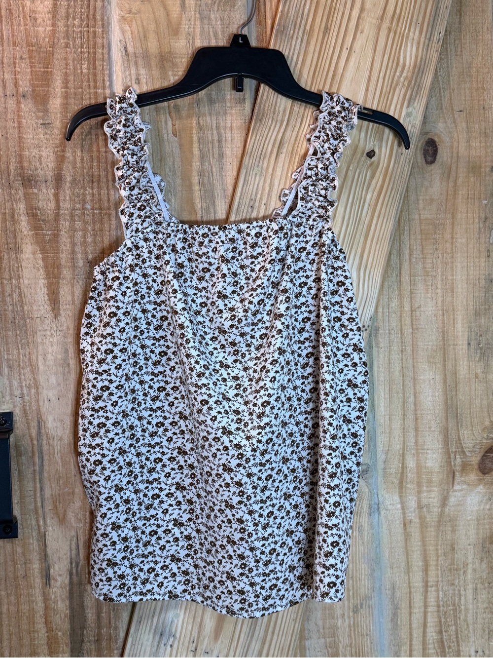 SHEIN White Tank Top with Brown Floral Print and Ruffle Straps